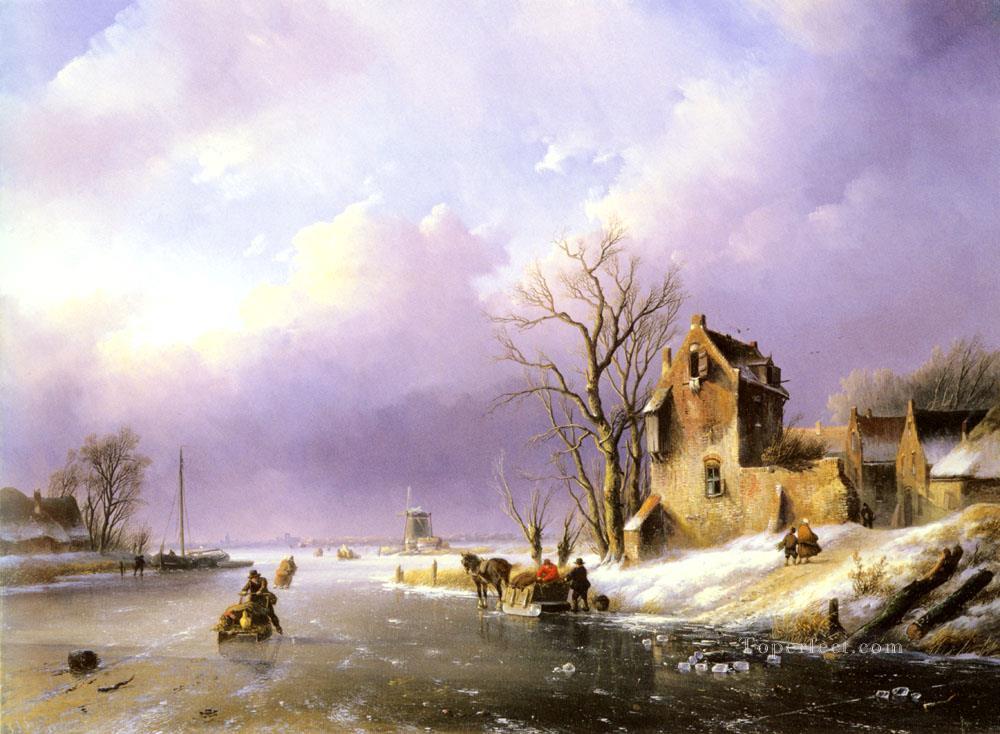 凍った川の上の人物と雪の風景 ヤン・ジェイコブ・コーエンラード・シュポーラー油絵